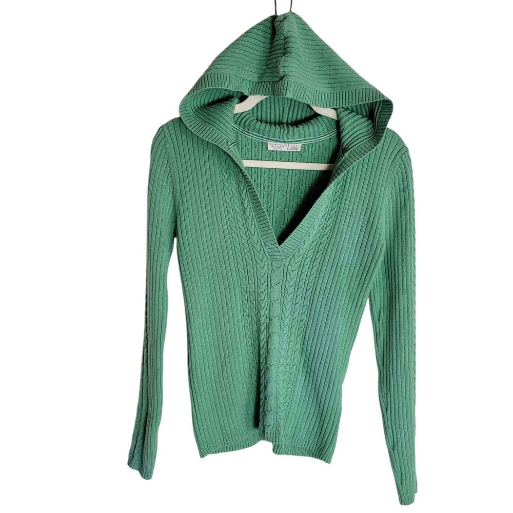 Old Navy Y2K Ribbed Cable Knit Hooded Sweater Womens Medium M Green Deep V Neck